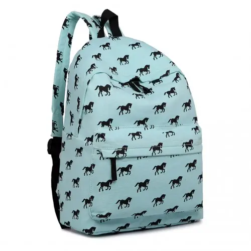 E1401H - Miss Lulu Horse-Print Cotton Canvas School Backpack - Blue - Image 2