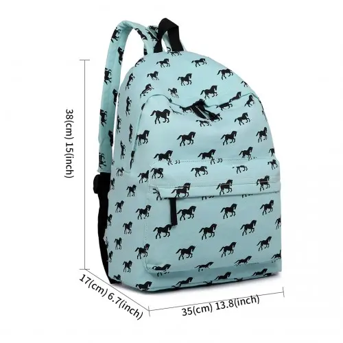 E1401H - Miss Lulu Horse-Print Cotton Canvas School Backpack - Blue - Image 5