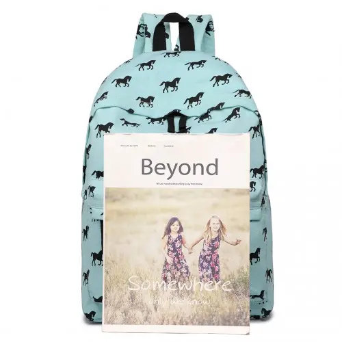 E1401H - Miss Lulu Horse-Print Cotton Canvas School Backpack - Blue - Image 6
