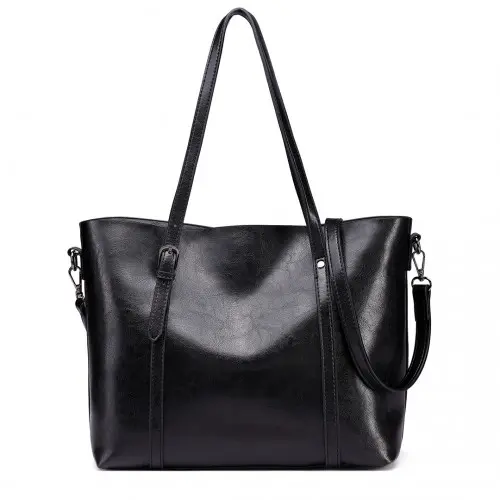 E6709 - Miss Lulu Trendy Womens Tote Bags Wax Leather - Black - Image 2