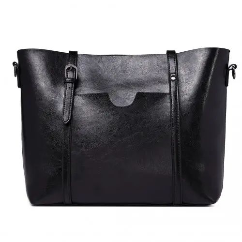 E6709 - Miss Lulu Trendy Womens Tote Bags Wax Leather - Black - Image 3