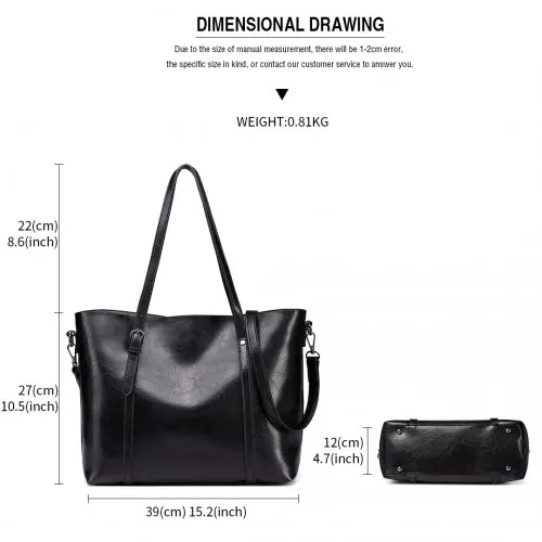E6709 - Miss Lulu Trendy Womens Tote Bags Wax Leather - Black - Image 4