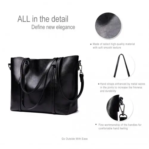 E6709 - Miss Lulu Trendy Womens Tote Bags Wax Leather - Black - Image 5