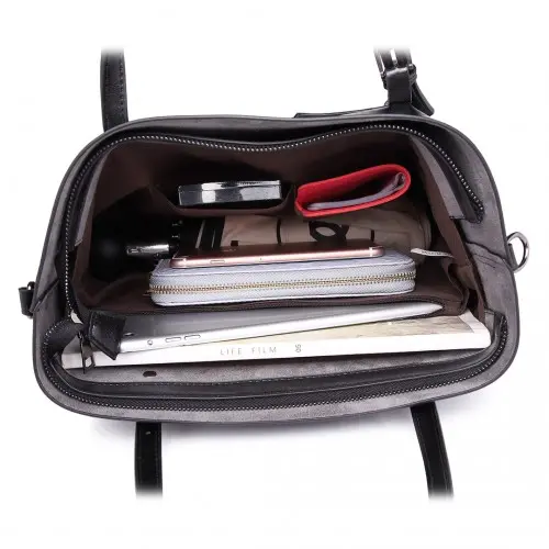 E6709 - Miss Lulu Trendy Womens Tote Bags Wax Leather - Black - Image 8