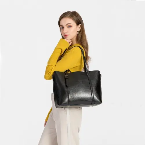 E6709 - Miss Lulu Trendy Womens Tote Bags Wax Leather - Black - Image 9