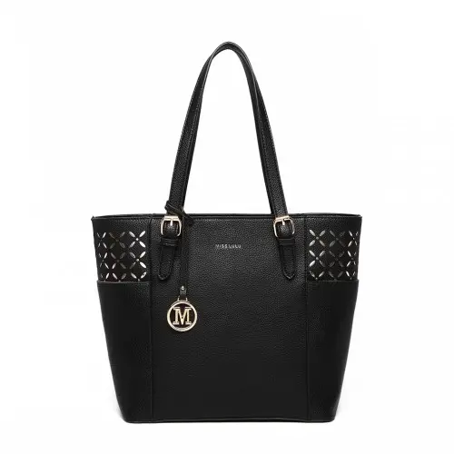 LG1943 - MISS LULU LASER CUT OUT TOTE SHOPPER BAG - BLACK - Image 2