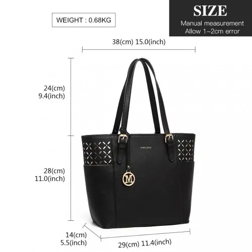 LG1943 - MISS LULU LASER CUT OUT TOTE SHOPPER BAG - BLACK - Image 4