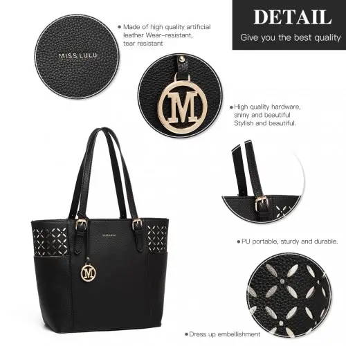 LG1943 - MISS LULU LASER CUT OUT TOTE SHOPPER BAG - BLACK - Image 6