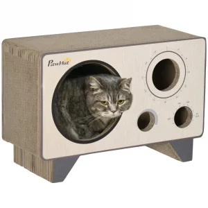 2 in 1 Cat Scratcher, Radio Shape Cat House with Catnip, 57 x 24.5 x 39cm, Natural Wood Finish | PawHut